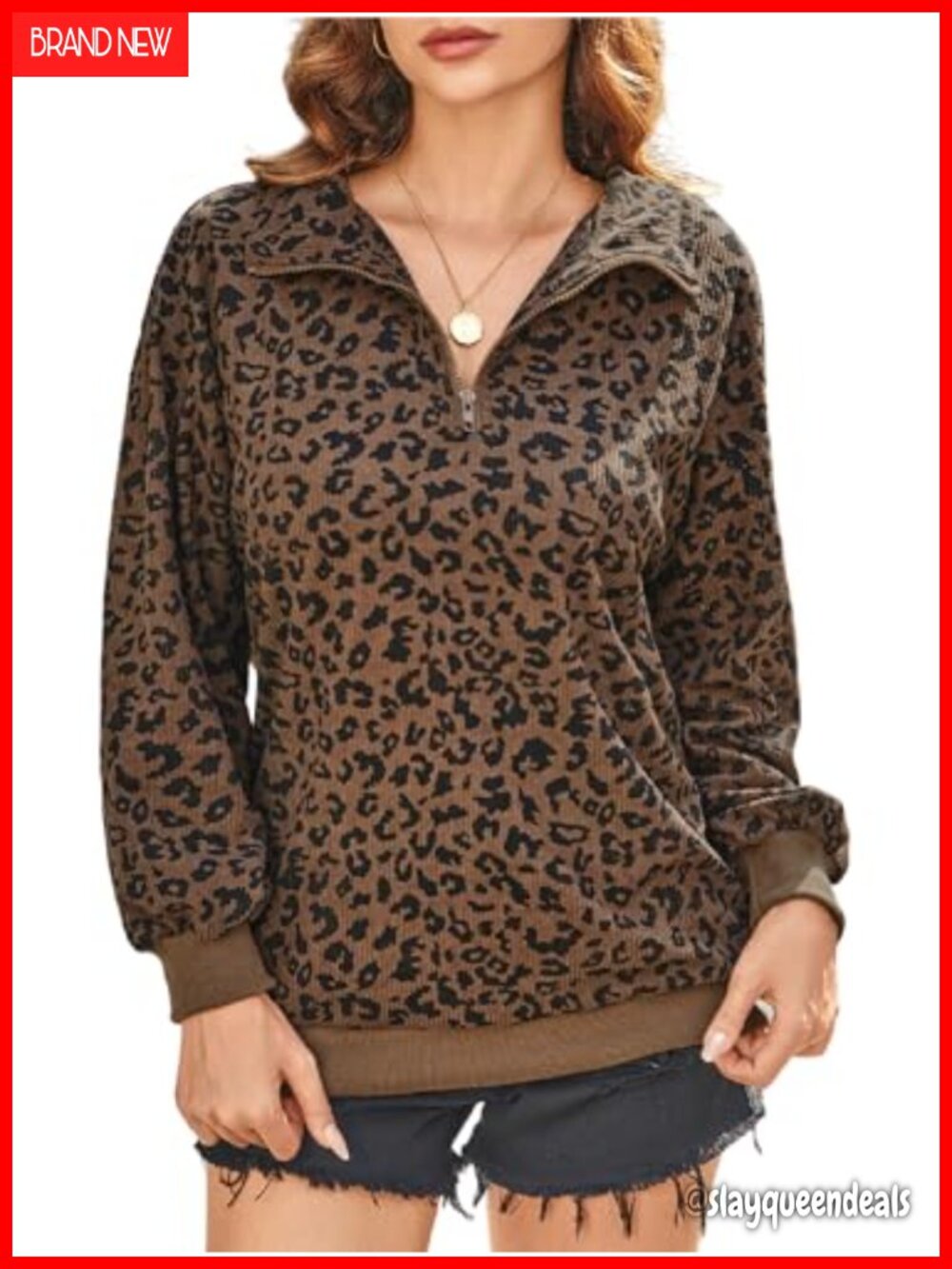 Leopard Print Quarter Zip Sweatshirt Collared Pullover Long Sleeve